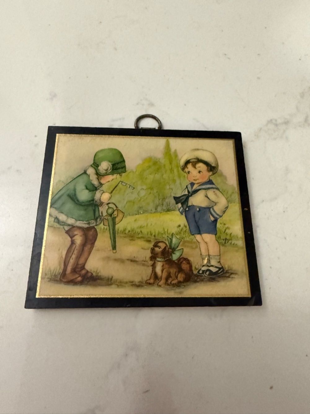 Vintage miniature wood plaque Nursery Art — children & Puppy Illustration